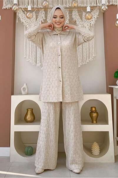 TRENDTESETTÜR WOMEN'S BEIGE (STONE) TROUSERS Knitwear Suit T 11332