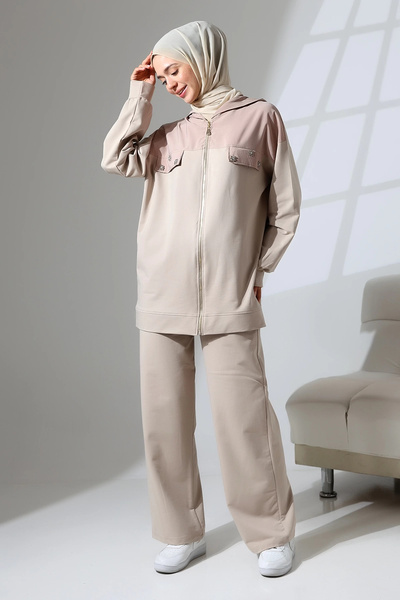 Mihran Butik طقم تونيك وبنطلون رياضي موسمي للسيدات بلون حجري - تصميم حجاب مريح