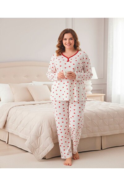 LİLA İÇ GİYİM Set de pijamale cu mâneci lungi cu model de inimă interlock, raportat de Battal cu imprimeu