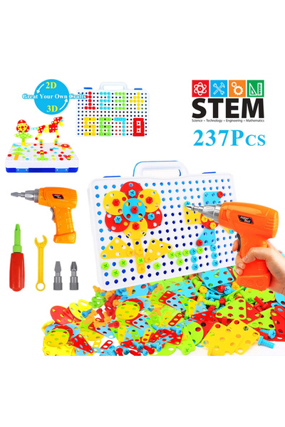 RCO Jucarie educativa STEM, set de constructie puzzle cu bormasina pentru 2D si 3D cu 237 piese, WW2004