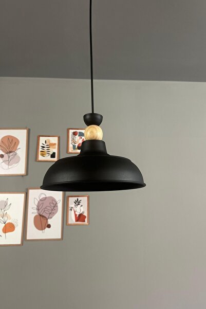 Bamyum Veluna Siyah Tekli Ahşap Kafa Başlık Avize Retro Sarkıt Ofis Showroom Salon Mutfak Avizeleri