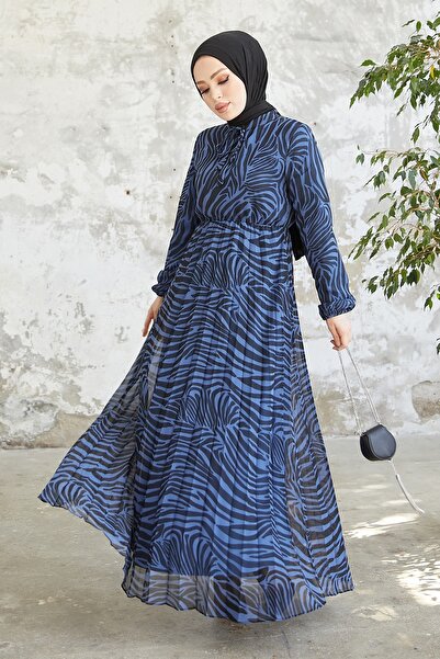 InStyle Patterned Lenda Chiffon Hijab Dress - Navy Blue