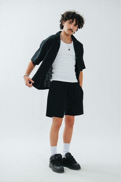 Twobucks Alaçatı 100% Cotton Linen Black Men's Shirt and Shorts Set