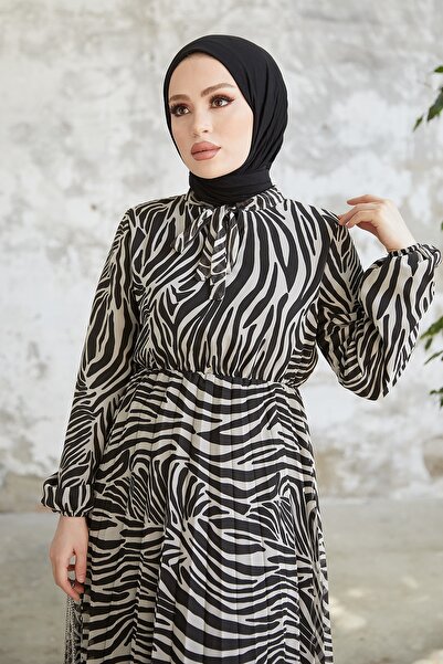 InStyle Desenli Lenda Şifon Tesettür Elbise - Ekru