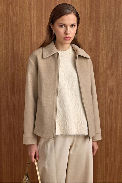 Olcay Zipper Closure Oversized Short Coat Stone 3157