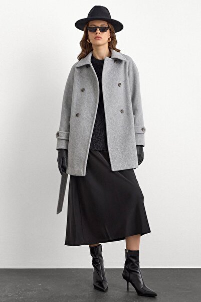 Olcay Reglan Sleeve Double Breasted Short Coat Light Gray 3150