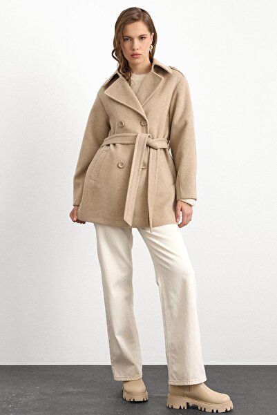 Olcay Oversize Short Coat with Epaulet Detail Stone 3149