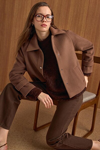 Olcay Snap Closure Pat Detailed Short Coat A.Brown 3163
