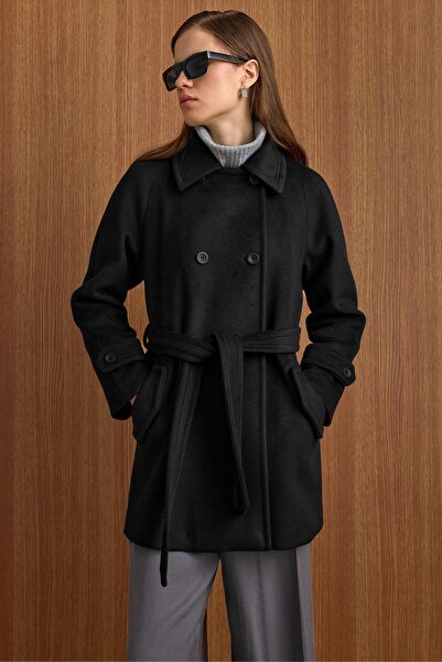 Olcay Reglan Sleeve Double-Breasted Short Coat Black 3150