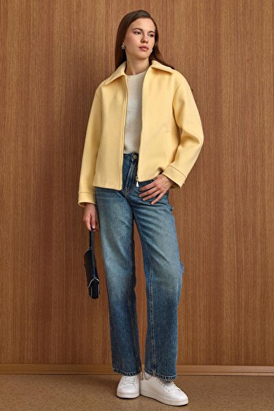Olcay Zipper Closure Oversized Short Coat Yellow 3157