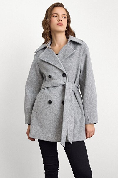 Olcay Oversize Short Coat with Epaulet Detail Light Gray 3149