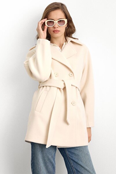 Olcay Oversize Short Coat with Epaulet Detail Ekru 3149