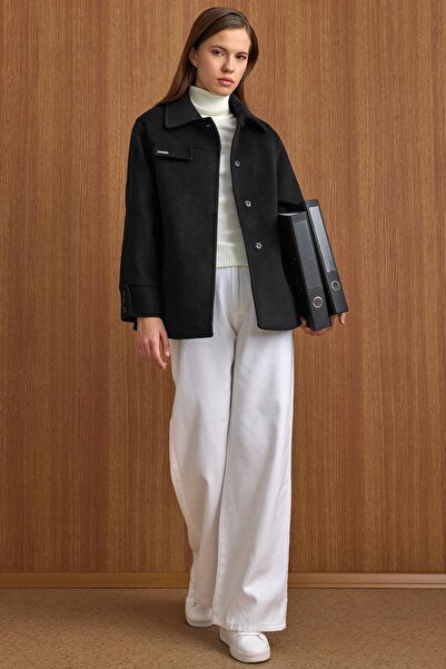 Olcay Shirt Collar Belt Detail Oversized Short Coat Black 3155