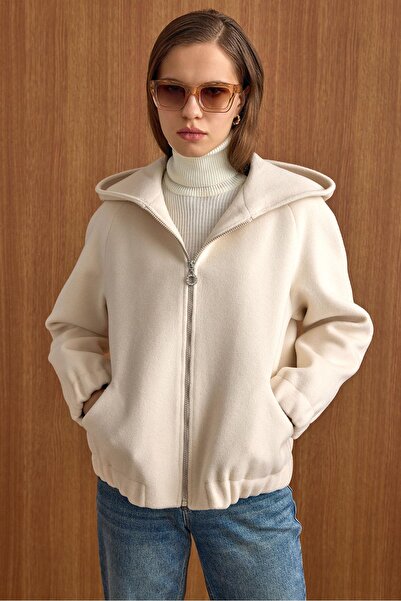 Olcay Hooded Buy Elasticated Oversized Short Coat Ecru 3162