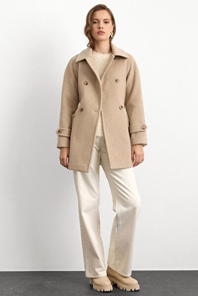Olcay Reglan Sleeve Double Breasted Short Coat Stone 3150