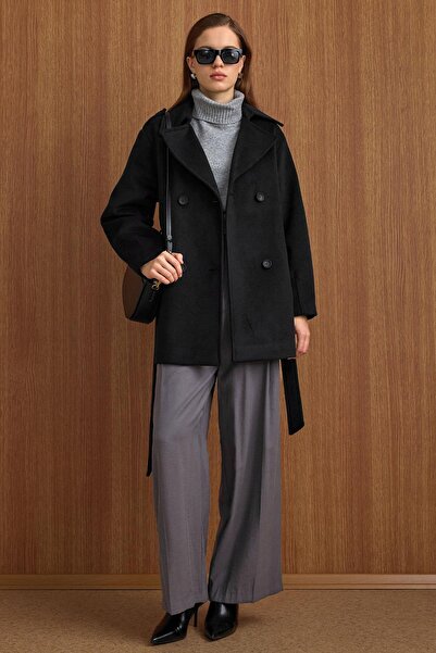 Olcay Epaulette Detailed Oversized Short Coat Black 3149