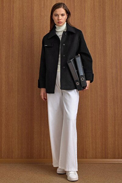 Olcay Shirt Collar Belt Detail Oversized Short Coat Black 3155