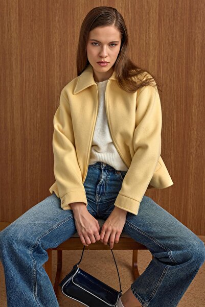 Olcay Zipper Closure Oversized Short Coat Yellow 3157