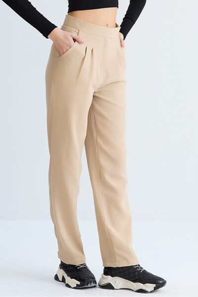 nurneva Γυναικείο παντελόνι με ψηλόμεσο κανονικό κορμό με φαρδύ πόδι με κορδό...