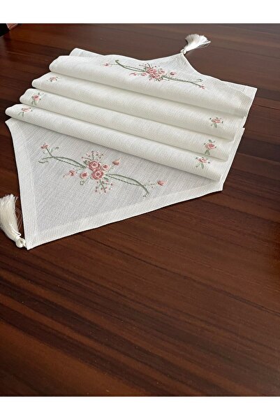 zeynmar Rococo Embroidered Linen Ecru Color Runner Table and Tv Console Cover