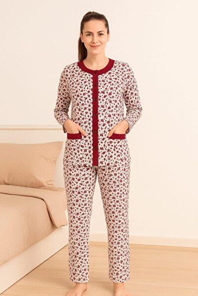 AYSUN TEKSTİL New Product... Winter Cotton Double-Layered Sha Fleece-Lined Umaş Wide Cut Open Front Gray Mother Pajama Set