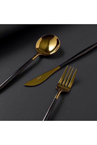 Jumbo Colors 6 Persons 30 Pieces Black Shiny Golden Cutlery Set 500.01.01.6420