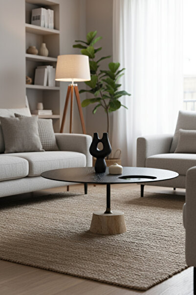 Vina Dekor Yuvarlak Orta Sehpa Gerçek Traverten Ayak , Siyah Ahşap Üst Tabla