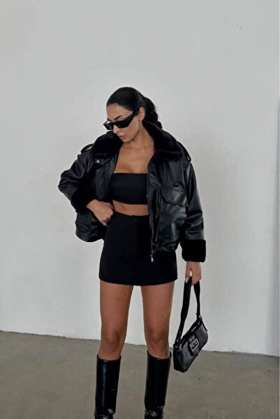 VESS MODA Palton din piele neagră pentru femei cu guler și manșete din blană de mătase