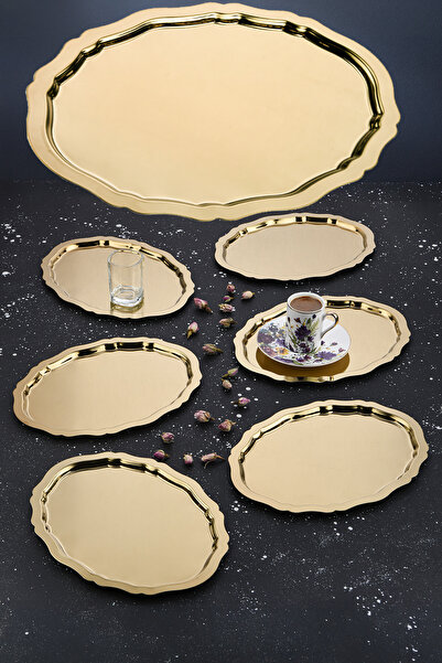 AHİR TİCARET 6 Adet Oval Dalgalı Sade Kahve Ve Sunum Tepsisi 20 Cm X 25 Cm