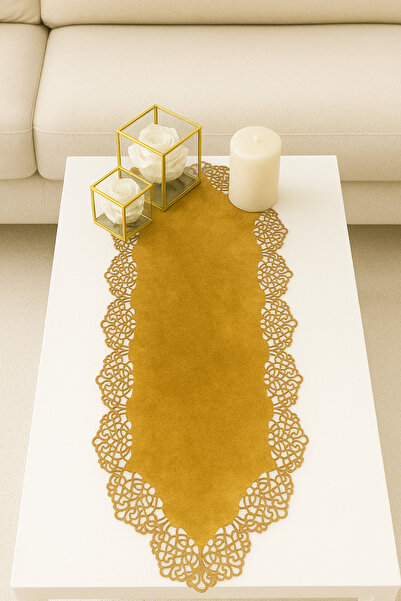 Ergüven Home Aleer din Tesatura din piele intoarsa galben mustar 40x100 Cm Masuta de cafea - Design Modern