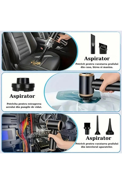 OEM Aspirator auto portabil reincarcabil fara fir 4 in 1, aspirare, suflare, filtru HEPA, negru