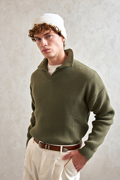 HYMAN Erkek Polo Yaka Örme Oversize Kazak