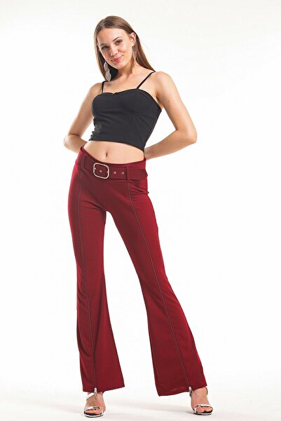 Sense Belted Front Zipper Scuba Crepe Trousers Pnt33379 Claret Red