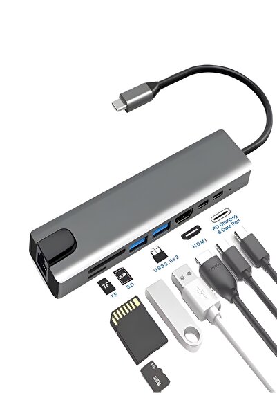 DEANB 8in1 Aluminium PD100W Hızlı Şarj Çoklayıcı Çevirici 4K 1xEthernet 1xHDM...