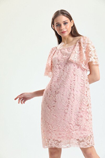 Sense Φόρεμα με δαντέλα με μανίκια με επένδυση μέσα |   Elb33541 Πούδρα