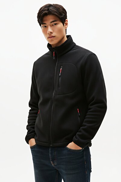 Kozik Men's Black Non-Pilling Mock Neck Standard Full Zip 3-Pocket Men's Fleece Cardigan