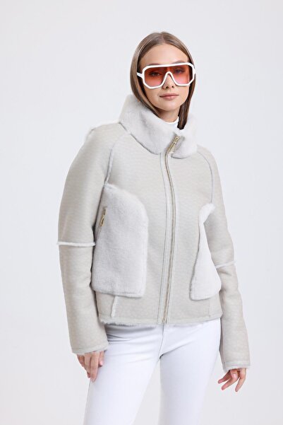 By Marki Marki Bej Deri Ceket, Beyaz Kürklü, Dik Yaka, Mm Logolu, Şık Deri Ce...