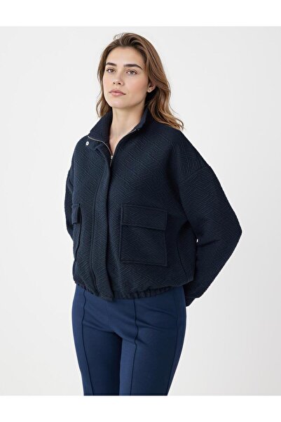 Jimmy Key Lacivert Uzun Kollu Fermuarlı Beli Lastikli Örme Ceket