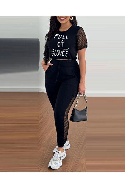 ARONA Women's Short Sleeve Crew Neck Mesh Detailed Viscose Two Thread Crop Top and Sweatpants Double Set