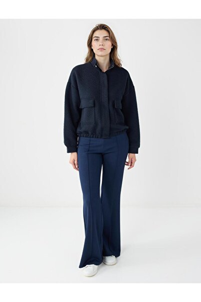 Jimmy Key Lacivert Uzun Kollu Fermuarlı Beli Lastikli Örme Ceket