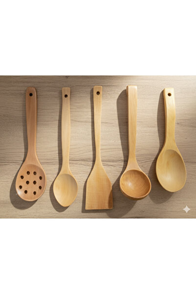 ELAR WOODEN Beşli Akçaağaç Mutfak Seti–Kaşık, Spatula, Kepçe, Kevgir ve Pilav Kaşığı, Doğal Ahşap