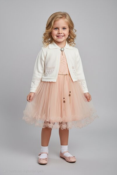 Şenkız Kız Çocuk Triko Bolerolu Misinalı Tüllü Bayramlık Düğünlük Elbise