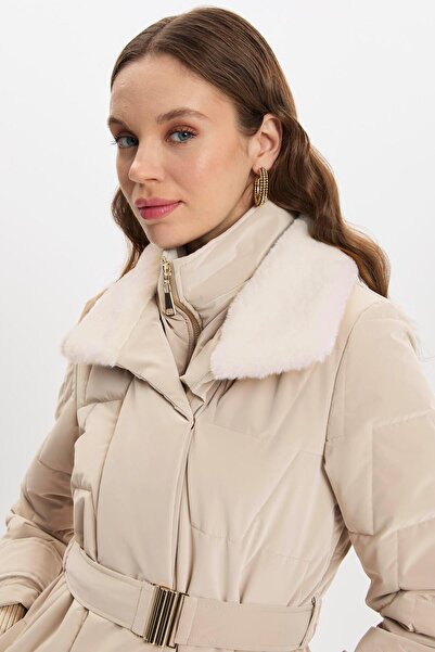 Zühre Beige Puffer Jacket with Fur Collar and Belt Detail 12764