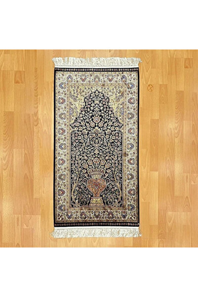 MEVLANA BAZAAR سجادة صلاة حريرية سوداء منقوشة مقاس 70x120 - 100% حرير