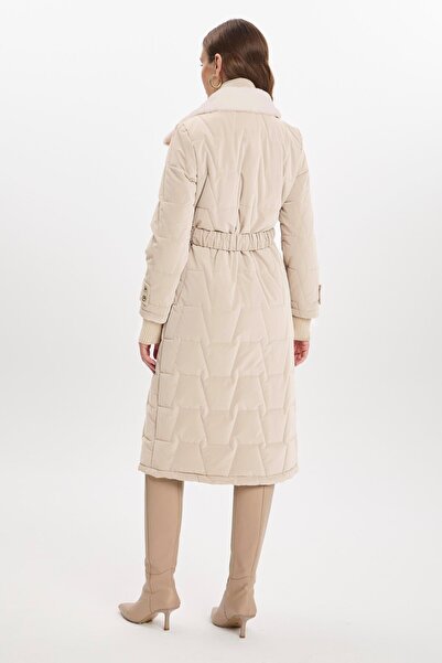 Zühre Beige Puffer Jacket with Fur Collar and Belt Detail 12764