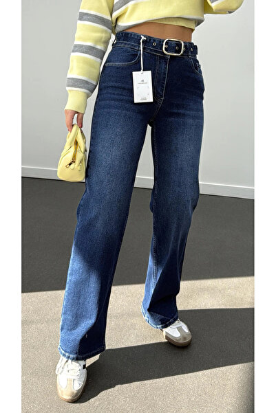 Bluezoni Women's Blue Belted High Waist Wide Leg Palazzo Jeans
