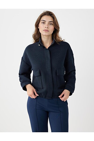 Jimmy Key Lacivert Uzun Kollu Fermuarlı Beli Lastikli Örme Ceket