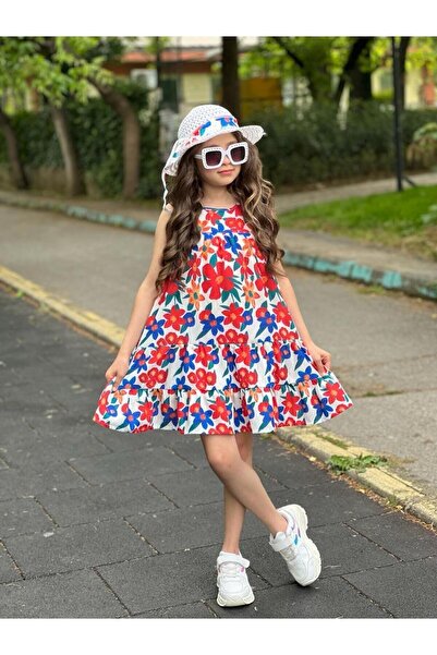 NARS KİDS فستان كوزاك منقوش بالزهور الحمراء وقبعة - للفتيات