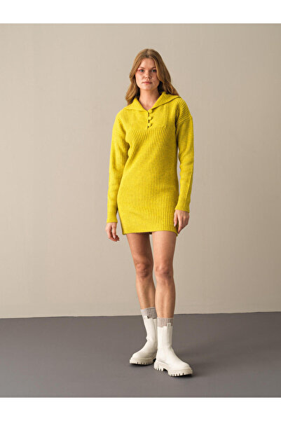 Xint Kadın Sarı Regular Fit Triko Mini Elbise