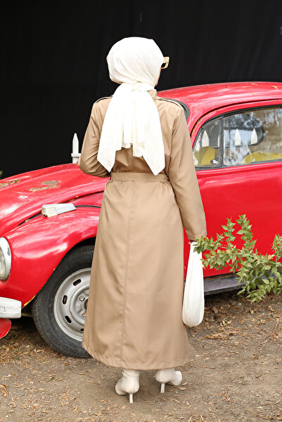 PİNK FLY 1. Kalite Kruvaze Yaka Astarlı Uzun Kadın Tesettür Trençkot Vizon